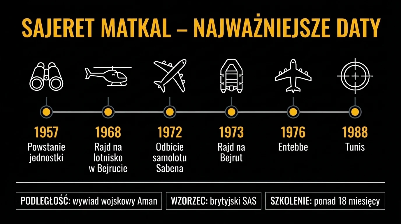 Infografika z osią czasu Sajeret Matkal: powstanie jednostki w 1957 roku, rajd na lotnisko w Bejrucie w 1968 roku, odbicie samolotu Sabena w 1972 roku, rajd na Bejrut w 1973 roku, Entebbe w 1976 roku i Tunis w 1988 roku