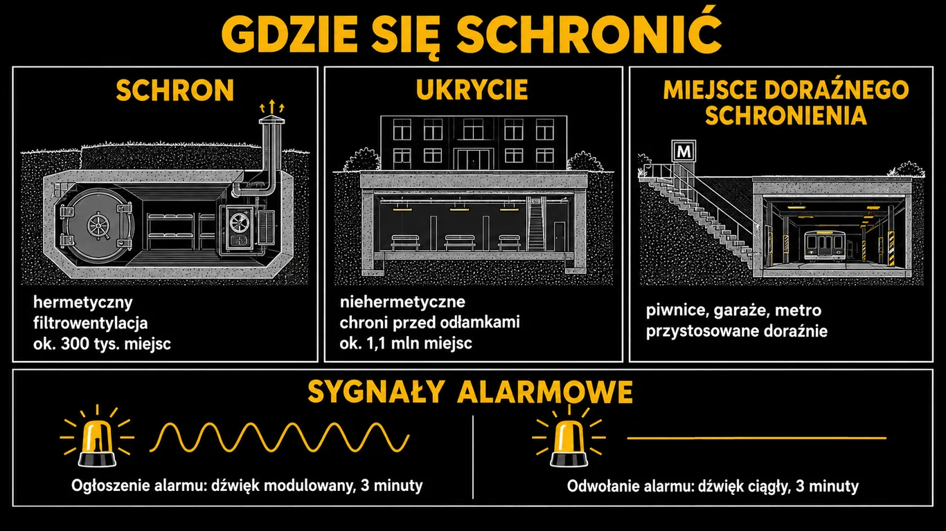 Infografika – rodzaje budowli ochronnych w Polsce i sygnały alarmowe