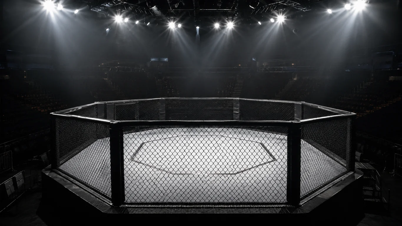 Pusta klatka do walk MMA widziana z podwyższenia, oświetlona reflektorami hali